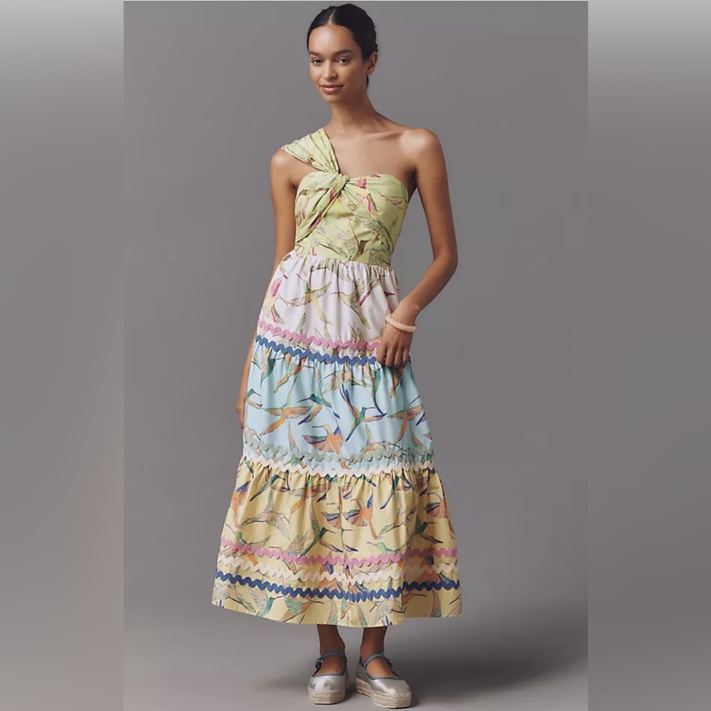 Farm Rio One-Shoulder Tiered Midi Dress Green NWT Resort Tropical Vacay SIZE XL